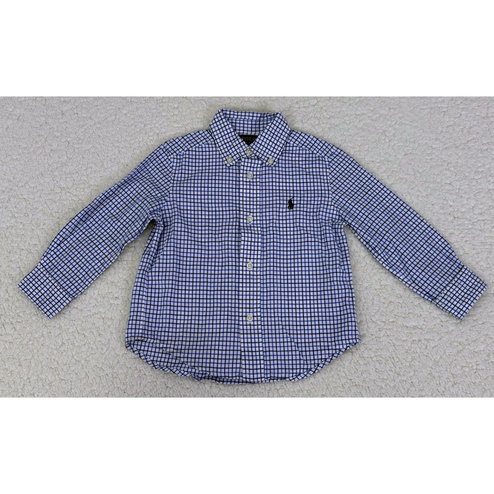 Polo Ralph Lauren Boys 2T Blue White Checkered Natural Stretch Button Down Shirt
